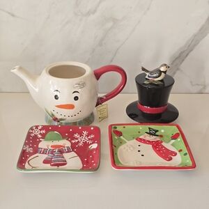 Snowman Teapot and Holiday Plates Set